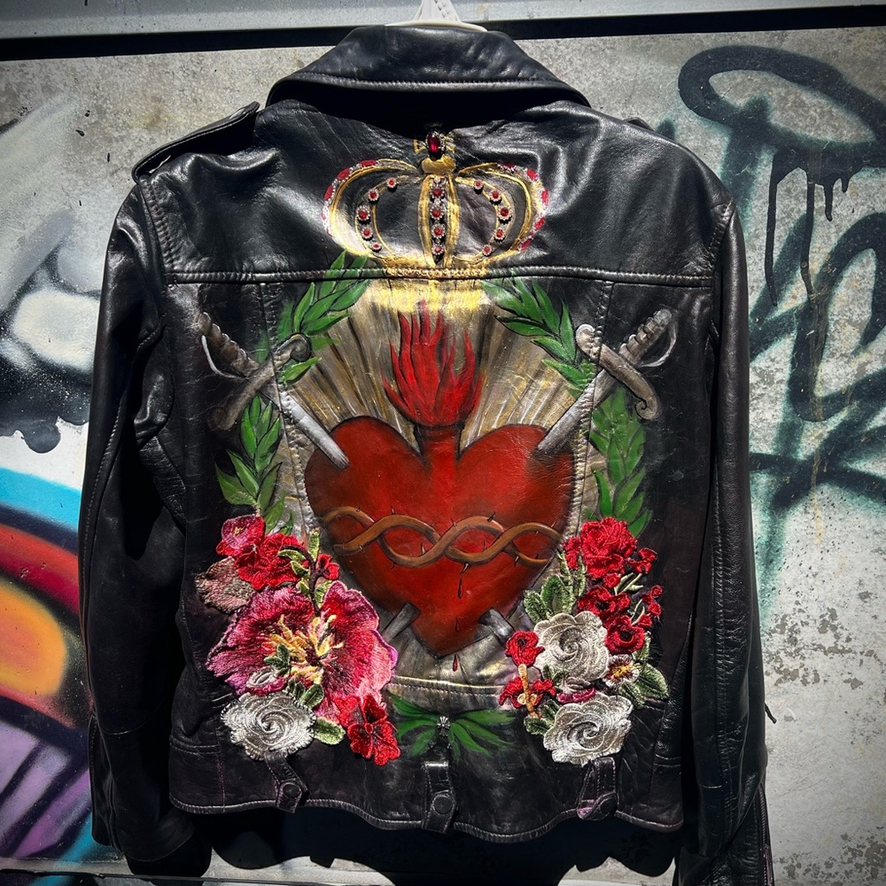 Iconic Sacred Heart Painted Leather Jacket L - Picture 6 of 16